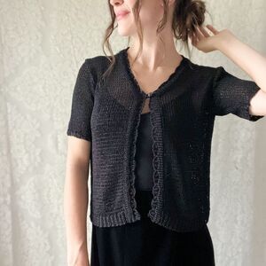 Vintage 90s Crochet Black Sag Harbor Petites Short Sleeve Single Button Cardigan